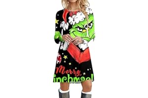 GENERISCH Weihnachtskleid Damen Grinch Weihnachten Kleid Weihnachts Minikleid Lustig Grün Kostüm Festlich Langarm Rundhals Knielang Tunika Tshirt Kleid Shirtkleid Partykleid Elegant Pullover Kleid