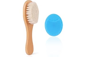 Beugo Cepillo para el cabello del bebé, Juego de 2 cepillos de pelo de bebé con cepillo de silicona azul para bebé, Cerdas suaves de cabra, para recién nacidos y niños pequeños tapa de cuna