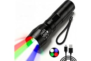 POCKETMAN Zoombar LED-ficklampa 4 färger i en (röd, vit, grön, blå), extrem ljus handlampa, uppladdningsbar, 4 lägen, multifu