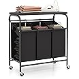 COSTWAY Laundry Basket with Foldable Ironing Board, 3-Compartment Laundry Hamper with Removable Bags and Wheels, Metal Frame Rolling Laundry Sorter Dirty Clothes Bin Washing Basket, Black+Grey