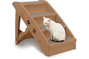 TRMLBE Escalera para perros, 49 cm, escalera para perros pequeños y gatos, escalera para mascotas con 4 peldaños, plegable, para perros, hasta 75 kg, lámpara de plástico, para perros y gatos (marrón)