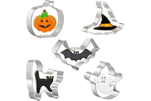 KEEPATY Halloween Cookie Cutter Set of 5, Biscuit Cookie Cutter Set, Pumpkin, Bat, Ghost, Witches Hat, Stainless Steel Cutter for Baking