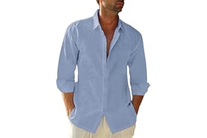 Friptspyg Hommes Chemise Lin Coton Manches Longues Bouton Bas Coupe Regular Casual Chemise de Plage Regular Fit Chemises L'été avec Poche