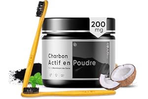 MYSMILE Blanchiment Dentaire Professionnel Charbon Actif Poudre 200g - Dents Blanches Menthe Poivrée Haleine Fraiche - Poudre Blanchiment Anti Tartre, Soin Gencive - Sans Peroxyde, 2 Brosses À Dents Bambou