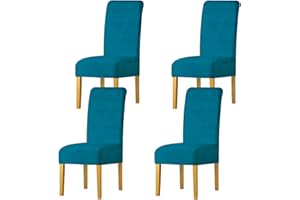 LANSHENG Stretchy Chair Covers for Dining Room Chairs,Stretch Spandex with Elastic Band Chaircover,Velvet Large Dining Chair Slipcovers for Restaurant Hotel Party Banquet (Peacock Blue,4 Pack(M))