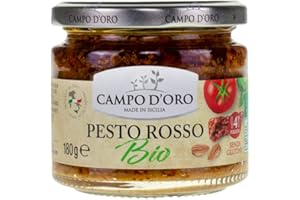 CAMPO D'ORO PESTO ROUGE BIO À LA TOMATE FRAÎCHE 180 GR. Produit bio sicilien à base de tomates fraîches, basilic, amandes et tofu. 100% Made in Italy