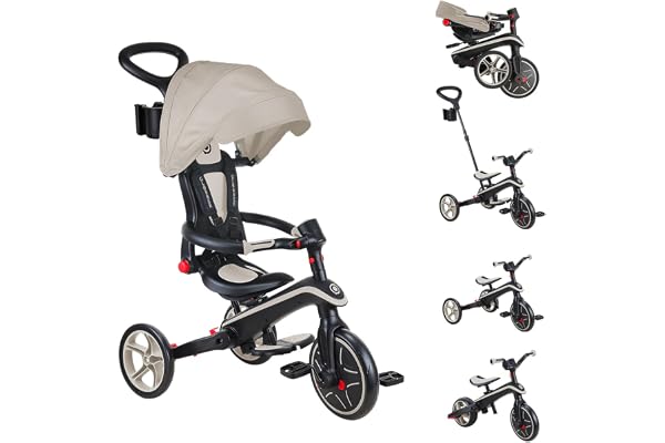 Globber - Tricycle Explorer 4 en 1 - Tricycle Pliable et évolutif en draisienne pour Les Tout-Petits de 10 Mois à 5 Ans - Taupe