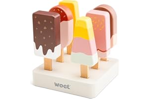 Woet Wooden Ice Cream Play Food Set – FSC Pretend Role Play Dessert Toys for Kids 3+ – Educational Toy with Ice Lollies, Cones & Macarons – Colorful Gift for Boys and Girls