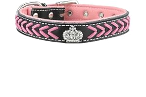 Newtensina Dog Collar Nylon Straps Woven Bling Collar Leather Puppy Collar with Diamante - Pink - M