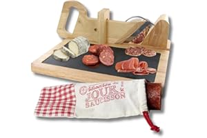 PZL CONCEPT Trancheuse Saucisson en Bois avec Pochon et Plateau Ardoise - Guillotine Manuelle - Machine pour découpe Multifonctions - Coupe Charcuterie, Fruits, Légumes, Fromage, Pain - Parfait pour l’Apéro