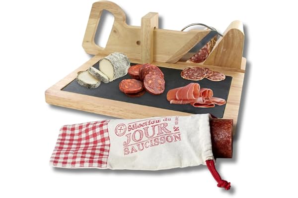 Trancheuse Saucisson en Bois avec Pochon et Plateau Ardoise - Guillotine Manuelle - Machine pour découpe Multifonctions - Coupe Charcuterie, Fruits, Légumes, Fromage, Pain - Parfait pour l’Apéro