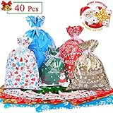 Omew Sacs Cadeaux Noël Lot de 40 Grands Sacs Emballage Cadeaux avec des Liens de Ruban pour la Fête de Noël, Cadeaux, Décorations de Vacances