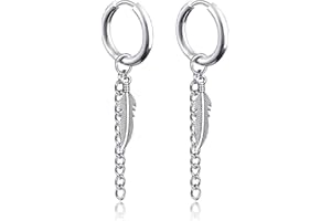 LIUJZZJ JZZJ Feder Punk Creolen, Edelstahl Blatt Huggie Ohrstecker, Scharnier, Unisex Piercing Schmuck 1 Paar Anhänger Ohrringe Lange Kette Baumeln Ohrringe（Feder Silber 1 Paar）