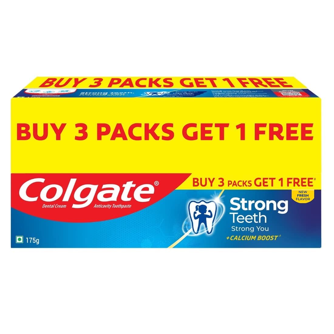 Colgate Strong Teeth, Buy 3+1 Free, 700g (175g x 4, Combo Pack of 4), India’s No: 1 Toothpaste Brand, Calcium-boost for 2X St