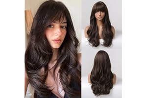 HAIRCUBE Lange Gewellte Perücken für Frauen, Lange Braune Lockige Synthetische Perücke mit Bangs für den Alltag