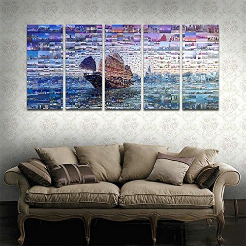 CyioArt - 5 Panels Modern Canvas Painting Wall Art The Picture For Home Decoration Hong Kong Travel Pictures Patchwork Buildings Cityscape Print On Canvas Giclee Artwork For Wall Decor (49"W x 24"H, framed and ready to hang)