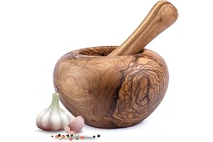 MOHA 24 Mortero con mortero de madera de olivo, hecho a mano con borde natural, mortero de cocina, mortero de madera sostenible (12 cm de diámetro)