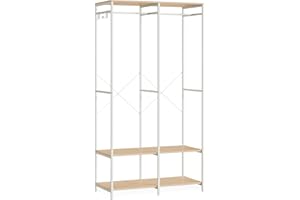 SONGMICS Armario de Ropa Portátil, Armario Plegable, Perchero, Organizador Armario, con Barras de Colgar, Estantes de Almacenamiento, Ganchos Extraíbles, 40 x 94,5 x 180 cm, Beige Natural RGR004W67