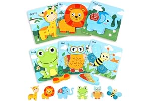 Wooden Puzzles for Toddlers 3+, 8-Pack Montessori Toys (Animals & Vehicles), Educational Learning Toy for Boys & Girls — Elephant, Lion, Giraffe, Owl, Bee, Frog + Police Car & Boat