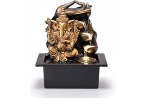 LEOM Indoor Ganesha Indoor Water Fountain, LED Lights, 3 Tier Waterfall Feature Design, Desktop Zen Waterfall Tabletop Zen Fountain, Hindu Lord Ganesha Statue, 25cm Tall