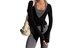 Geagodelia Haut cache-cœur à manches longues pour femme avec nœud sur le devant et col en V profond pour entraînement, pilates, ballet, yoga, gym, sport