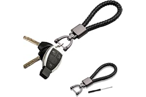 deemars Llavero para Coches de Cuero Genuino, Porta Llaves del Coche con un Anillo en d Girable de 360 Grados y un Destornill, Llave de Cadena Universal para Hombres y Mujeres (Negro)