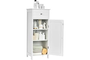 Multigot Bathroom Floor Cabinet, Wood Storage Cupboard with Drawer, Adjustable Shelf & Magnetic Door, Freestanding Toilet Organizer Unit for Bedroom Living Room Entryway(White,7-Position Adjustable)