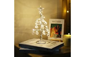 Kssiaz Weihnachten Tischlampe, 27,5cm Mini Weihnachtsbaum mit LED Beleuchtung, Acrylkugeln & Stern, Spiralförmig Weihnachtsbaum Batteriebetrieb/USB-betrieben Weihnachtslicht, Silber