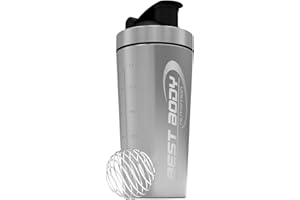 Best Body Nutrition Shaker pour boisson protéinée, en acier inoxydable, avec tamis intégré et boule en spirale, argenté