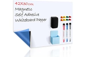 CUHIOY Tableau Blanc Magnétique A3 Effaçable à Sec Auto Adhésif sur Surfaces Lisses, Nouvelle Technologie Antitache, Maison Cuisine Réfrigérateur Liste de Courses et Tableau d’Affichage, 3 Stylos