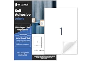 BETCKEY 100 feuilles A4 Autocollante Imprimables, Étiquette Pleine Page Blanche Mate 210x297mm Pour Imprimantes Laser et Jet d'encre