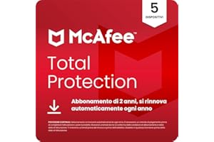 McAfee Total Protection - 5 Dispositiv 2026 | Antivirus, VPN gestore delle password, software di sicurezza, monitoraggio dell'identità | Abbonamento di 2 anno con rinnovo automatico, Scarica