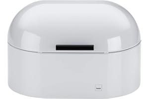 kela Panera metálica con orificios de ventilación 25 x 15 x 17 cm, panera pequeña con tapa abatible, FRISCOLINO, caja para guardar pan, blanco brillante
