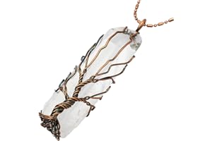 mookaitedecor Healing Crystal Rock Quartz Tree of Life Pendant,Wire Wrapped Semi Precious Stone Point Necklace