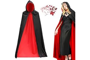 BLUELVES Capa de Vampiro, Capa Negro Rojo con Capucha, Disfraz de Halloween Dracula Adulto, Disfraces de Vampiros y Tatuajes Temporales, Capa de Halloween para Mujer Hombre Fiesta Halloween Cosplay, 170cm