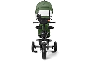 HUOLE Tricycle Enfant Évolutif 4 en 1, Tricycle Bébé Évolutif avec Siège Réversible, Poignée de Poussée Réglable, Canne, Cloche, Rétroviseurs, Harnais de Sécurité pour Enfants 9 Mois à 5 Ans (Vert)