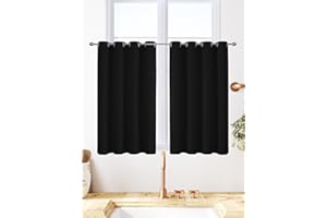 VEHEDE Short Small Window Blackout Curtains for Cafe 33 Inch Drop, Eyelet Thermal Insulated Curtains, Soft Black Out Kitchen Curtain, Living Room Curtain & Drapes, W46 x L33 Inch, Black, 2 Panels