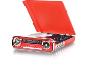 Lauson 01TT17 Tocadiscos Diseño Vintage Coche de Colección con 2 Altavoces Estéreo Integrado de 3 W | Tocadisco Vinilo con Radio FM, Función Bluetooth, USB, AUX | 3 Velocidades (33, 45, 78) (Rojo)