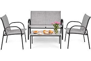 COSTWAY Set da Giardino con 4 Pezzi, Set da Giardino per Chiacchierare, Sedie da Giardino con Tavolino in Vetro, con Struttura Resistente in Ferro, Tessuto a Rete Traspirante (Grigio)