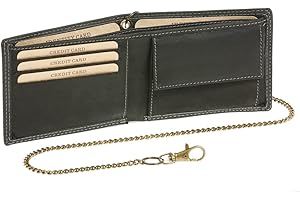 LEAS MCL męski i damski portfel z łańcuszkiem bardzo cienki format poziomy w stylu vintage, prawdziwa skóra, czarny – seria łańcuchów LEAS