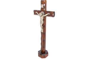 La Balestra Crucifijo San Benito de madera natural de mesa - Cristo chapado en plata 999 - Fabricado en Umbría Italia - 25 x 14 cm