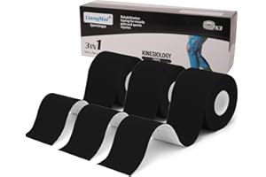 LiangMai Kinesio Tape - 3 rotoli 5cm x 5m di tape kinesiologico Nero, tape sportivo impermeabile ed elastico - Nastro Kinesiologico nastri amici della pelle per ginocchio spalla gomito