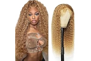 Weeybay Echthaar Perücke für Damen Perücken Curly Wave Human Hair Wig 4X4 Lace Closure #27 Honey Blonde 150% Density Unprocessed Remy Hair Glueless 26 Zoll