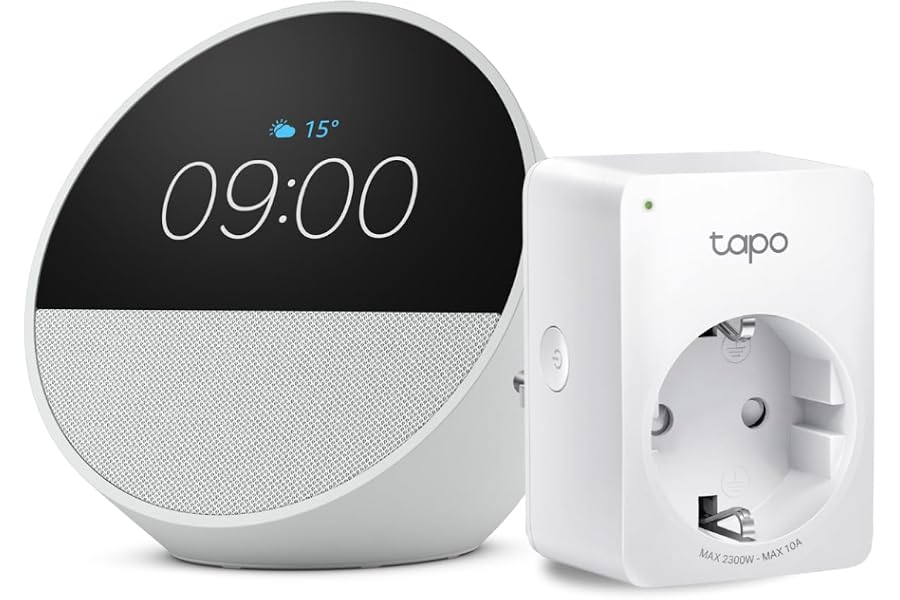 Echo Spot | Weiß + TP-Link Tapo P110MA WLAN-Steckdose mit Energieverbrauchskontrolle, Funktionert mit Alexa - Smart Home