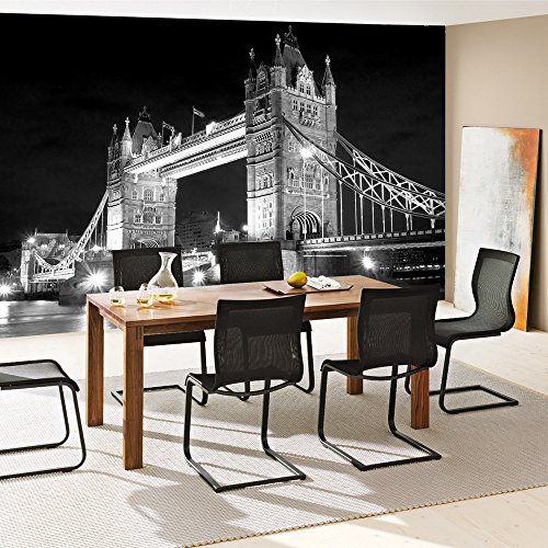 Vlies Fototapete 152.5x104cm PREMIUM PLUS Wand Foto Tapete Wand Bild Vliestapete – London Tapete Brücke Tower Bridge Fluss Wolken England Nacht schwarz – no. 2491 - 7
