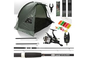 DNA Leisure Carp Fishing Bivvy Stalking Set up + Black 8FT Rod & 2BB 8lb Line Reel Bite Alarm Tackle Bundle