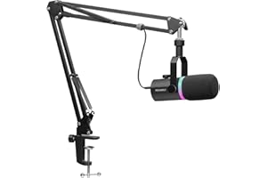 FEELWORLD PM1 XLR USB Dynamic Microphone with Boom Arm Stand for Podcast Recording PC Computer Gaming Live Streaming Vocal Voice-Over, Studio Metal Microphone, RGB Light, Mute Button, Headphone Jack