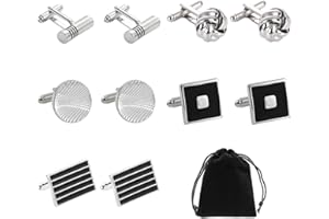 NYXSEAT Lot de 5 paires de boutons de manchette en acier inoxydable, 1 sac de rangement, boutons de manchette pour costume de chemise pour homme (noir et argent), taille unique, Acier inoxydable, Acier