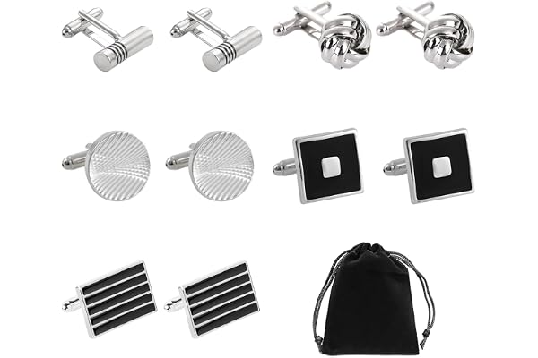 NyxSeat Lot de 5 paires de boutons de manchette en acier inoxydable avec sac de rangement pour homme Noir/argenté Taille unique Acier inoxydable