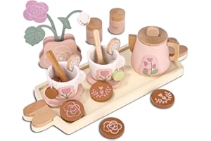 KURENY Teeservice Kinder Holz Set, Küchenzubehör Kinder Holz, Teeparty Spielküche Rollenspiele, Kinder küchenzubehör, Teeparty-Set, Geschenk für Mädchen Kleinkinder ab 3 Jahre, Rosa
